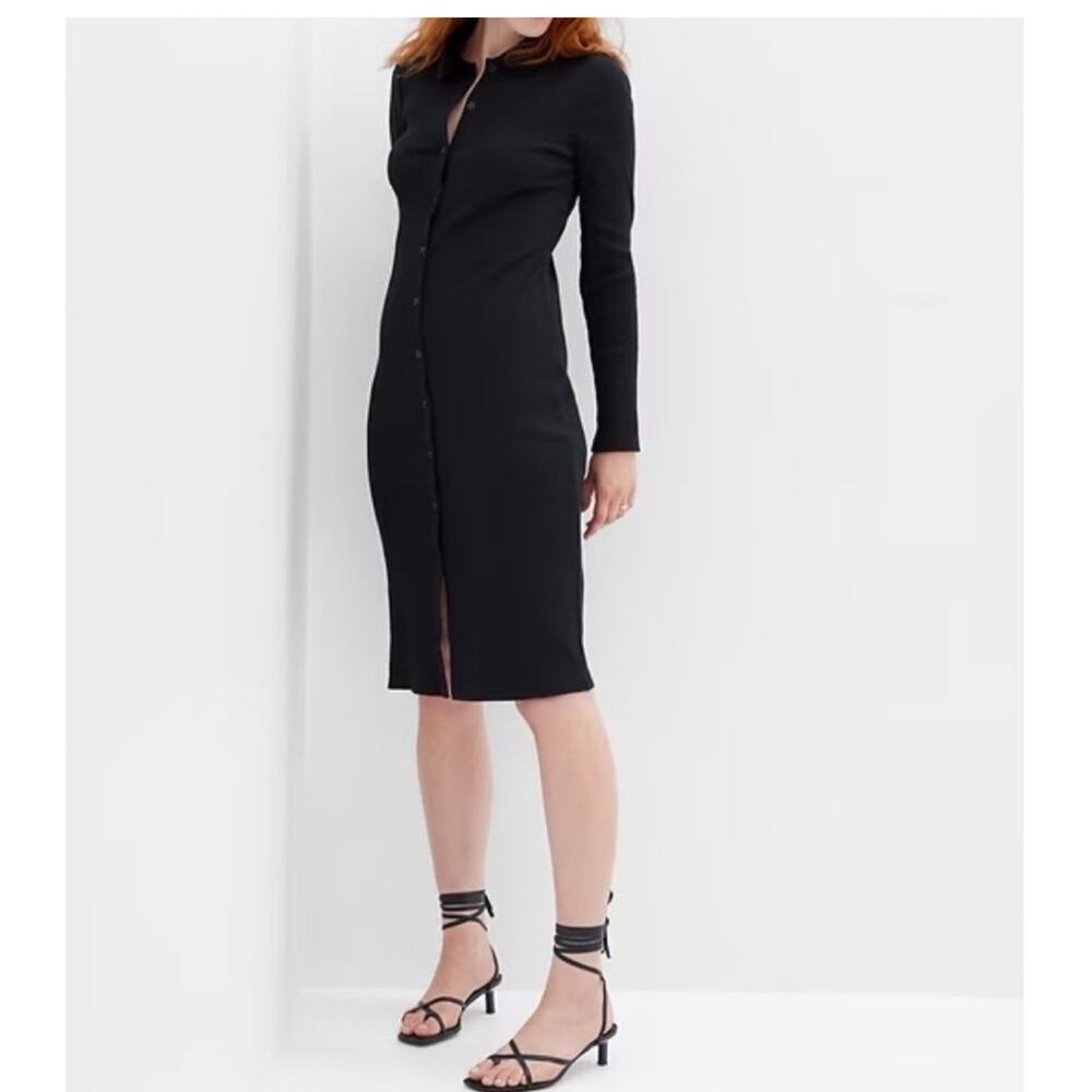 Gap Womens Button Down Midi Shirt Dress Size Small Tall Black Ribbed Fall Casual